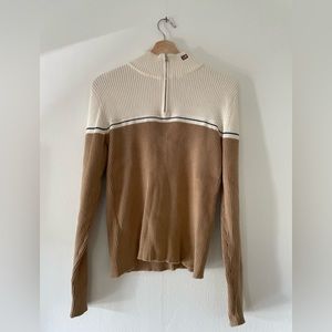 Polo Ralph Lauren Color Block Two Tone Tan Cream Quarter Zip Sweater Size L